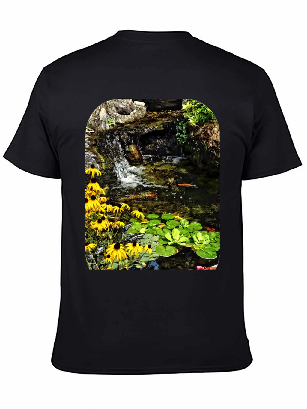 Koi Pond Waterfall Black T-Shirt