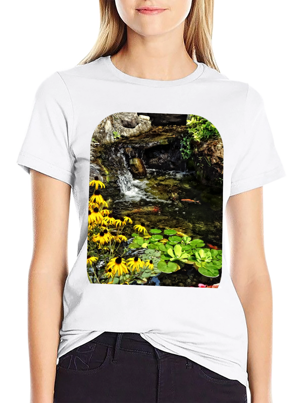 Koi Pond Waterfall Black T-Shirt