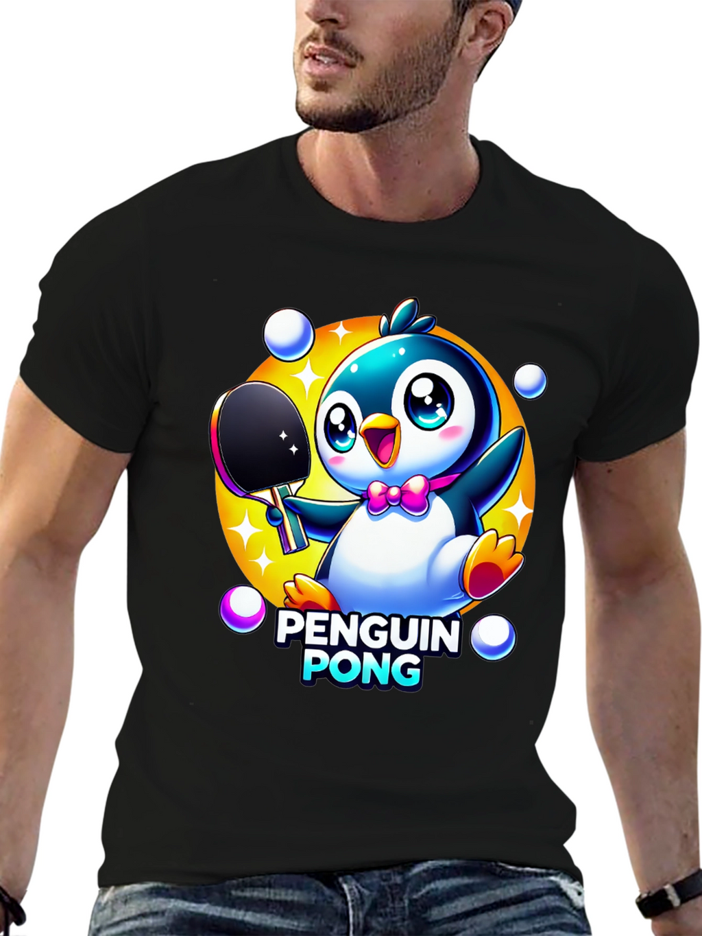 Penguin Pong Black T-Shirt - Cute Cartoon Design