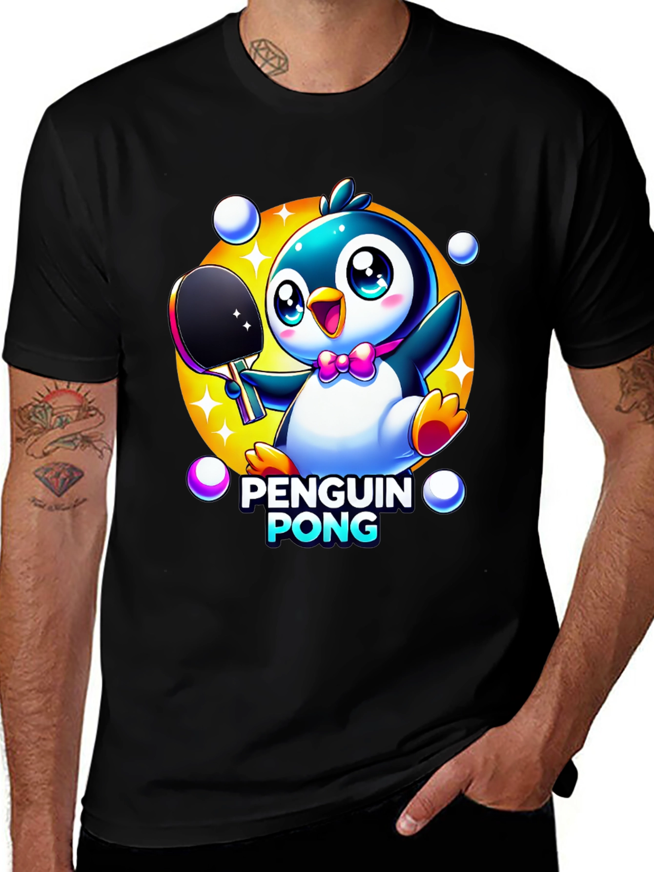 Penguin Pong Black T-Shirt - Cute Cartoon Design