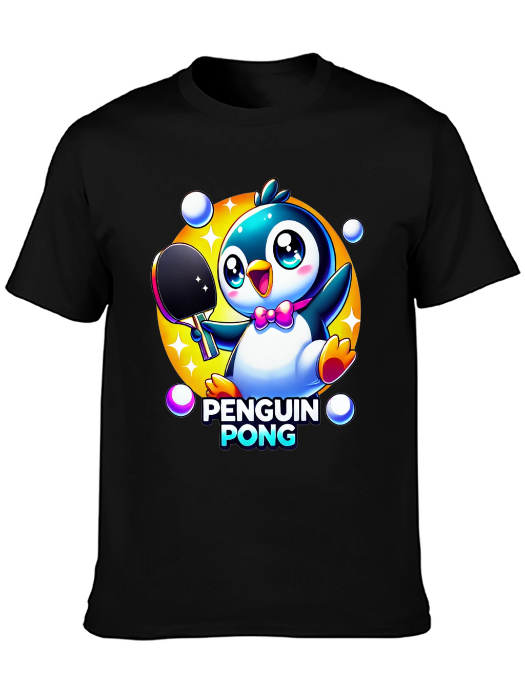 Penguin Pong Black T-Shirt - Cute Cartoon Design