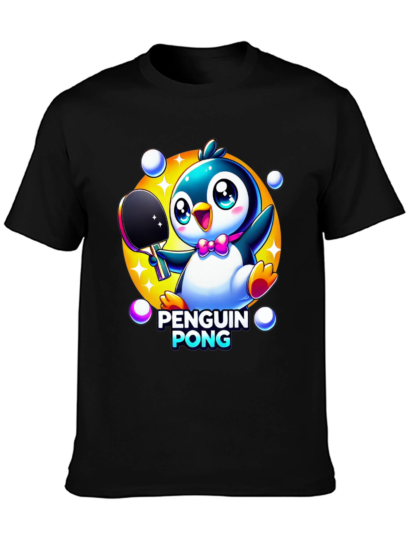 Penguin Pong Black T-Shirt - Cute Cartoon Design