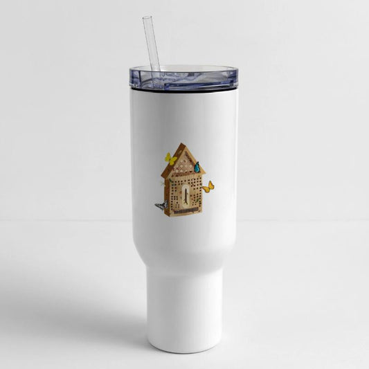 Wooden look insect hotel with insect illustration