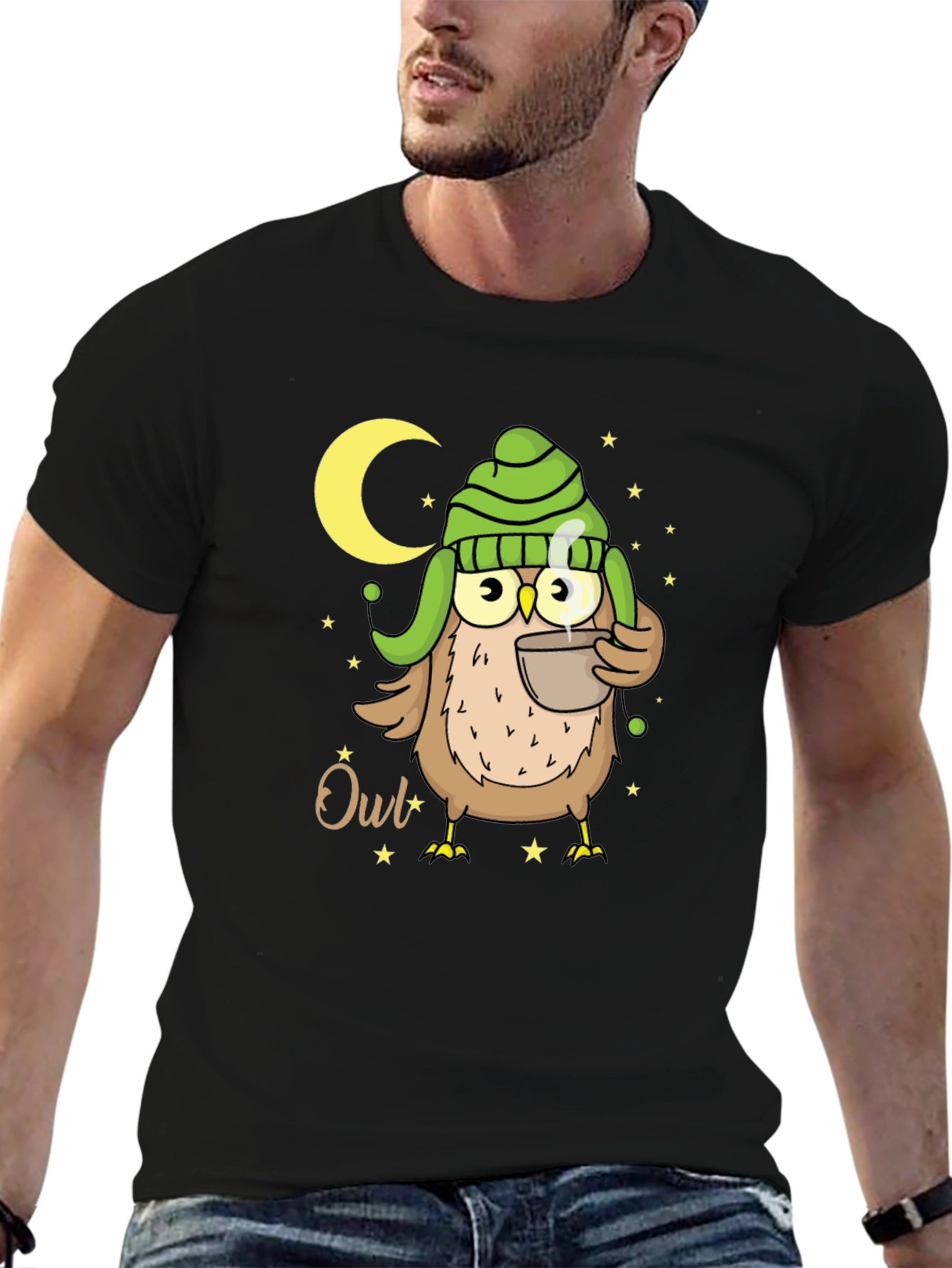 Cozy Owl T-Shirt - Nighttime Coffee Sipper