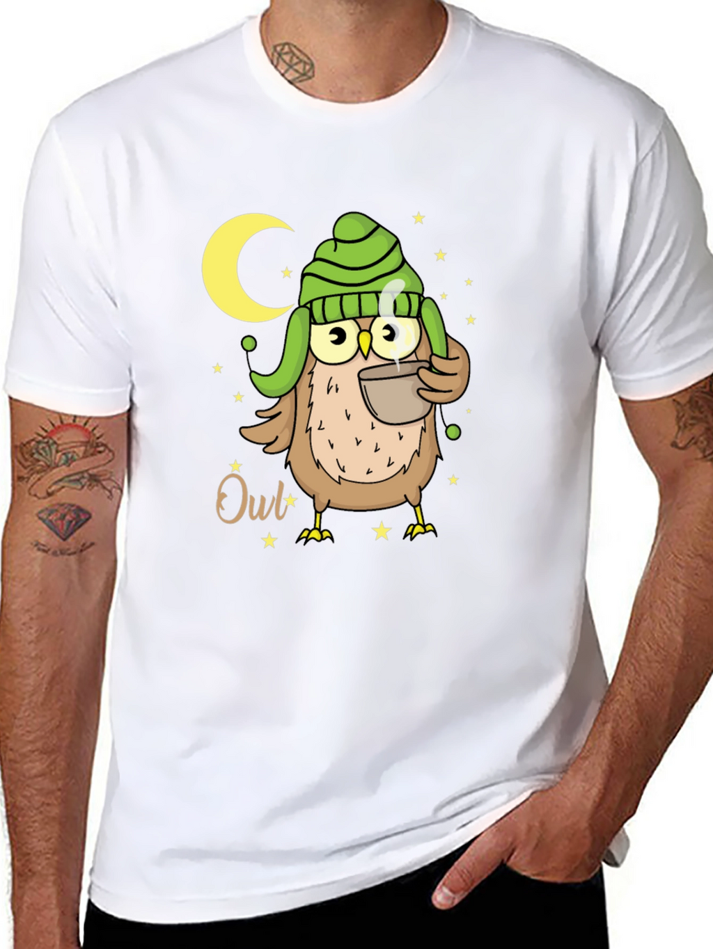 Cozy Owl T-Shirt - Nighttime Coffee Sipper
