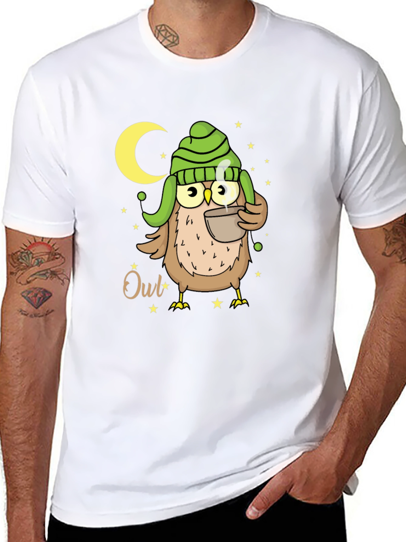 Cozy Owl T-Shirt - Nighttime Coffee Sipper