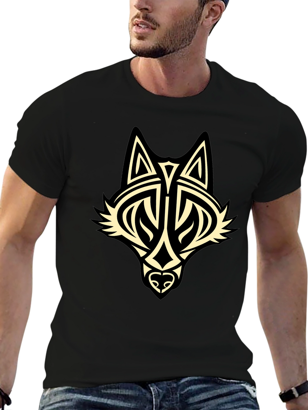 Tribal Wolf Graphic Black T-Shirt