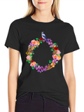 Floral Wreath Bird Graphic Tee - Black