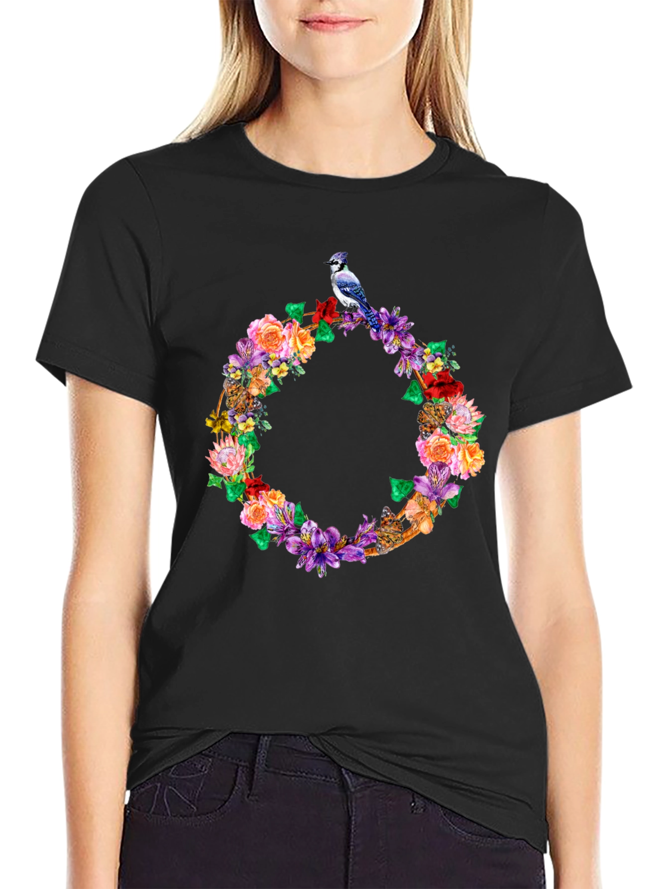 Floral Wreath Bird Graphic Tee - Black