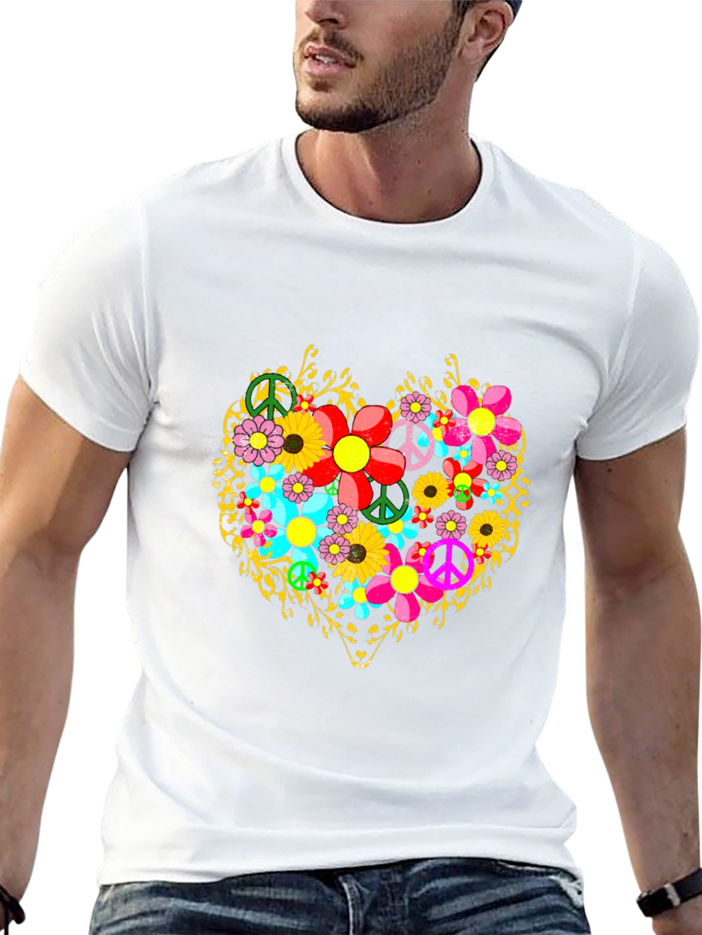 Floral Heart Peace Sign Graphic T-Shirt
