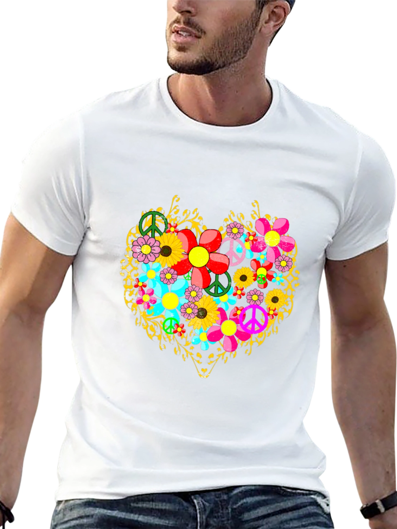 Floral Heart Peace Sign Graphic T-Shirt