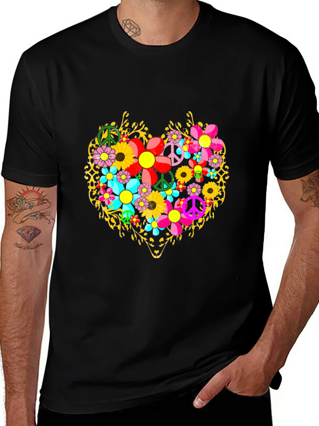 Floral Heart Peace Sign Graphic T-Shirt