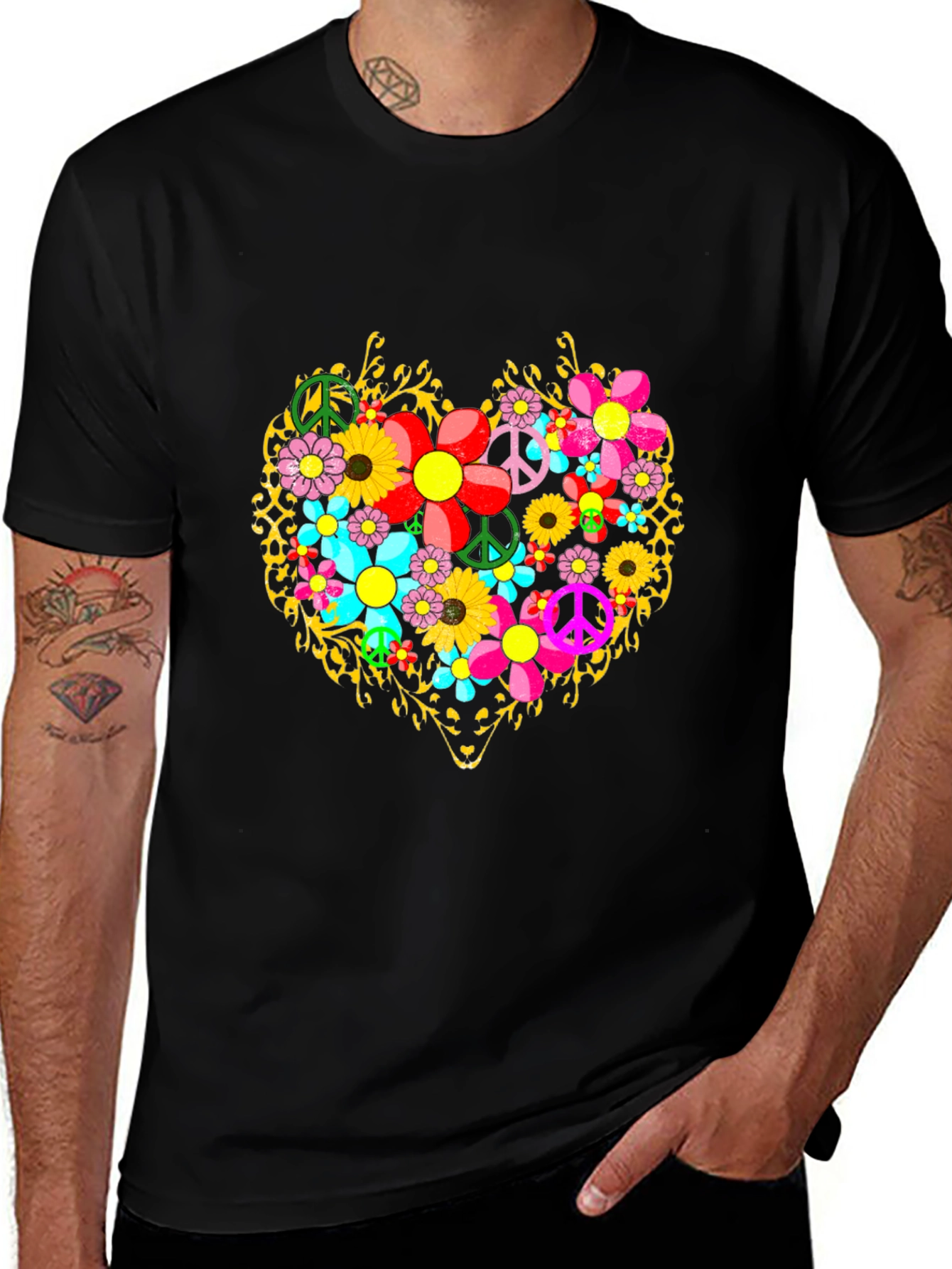 Floral Heart Peace Sign Graphic T-Shirt