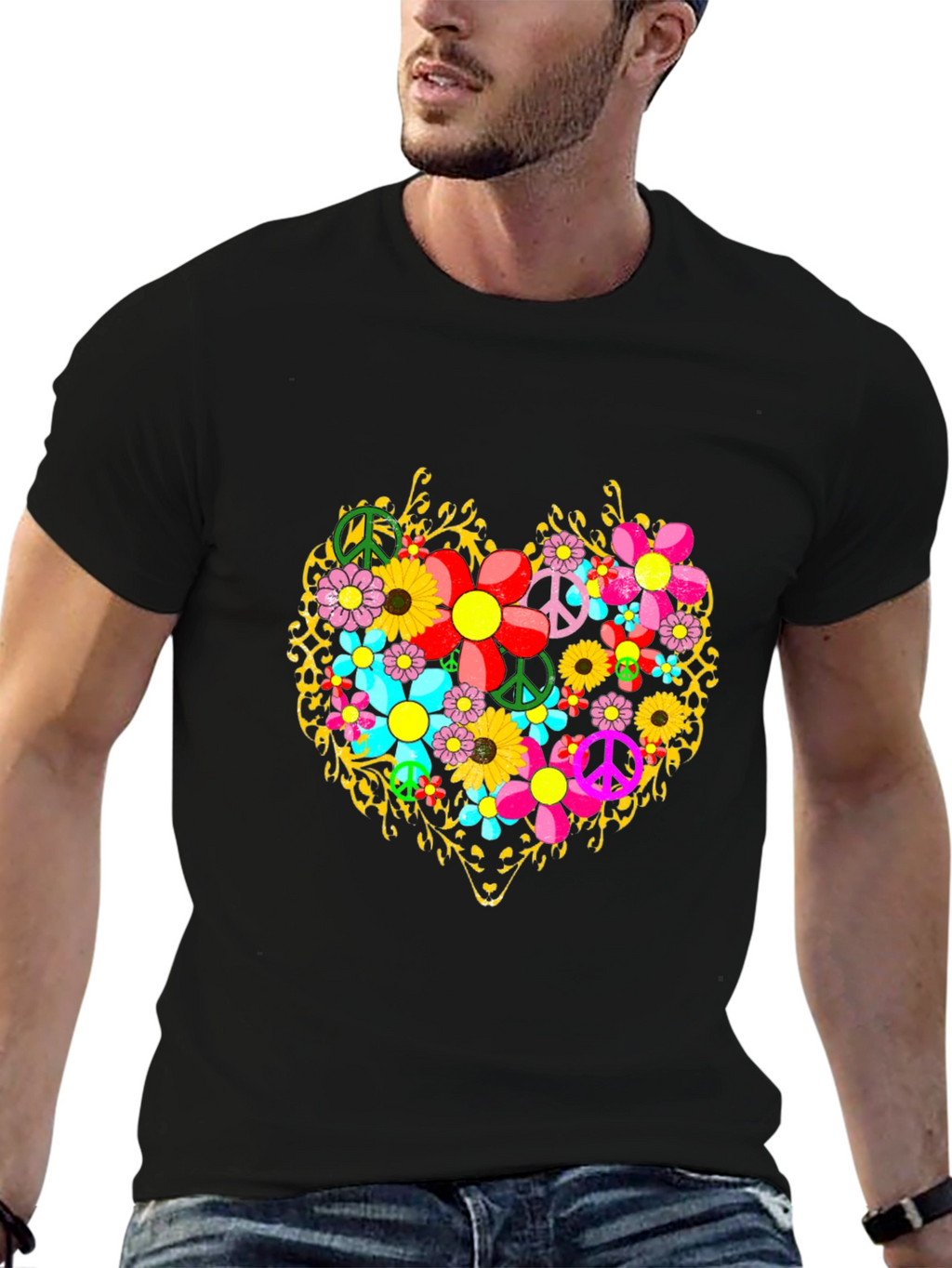Floral Heart Peace Sign Graphic T-Shirt