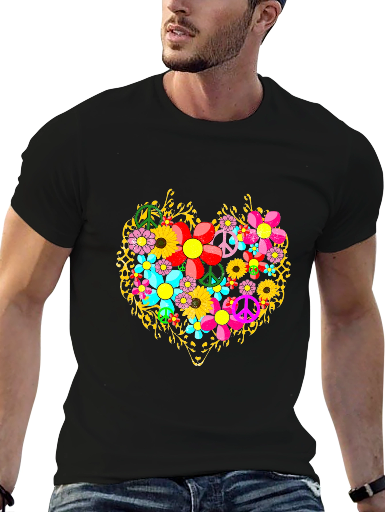 Floral Heart Peace Sign Graphic T-Shirt