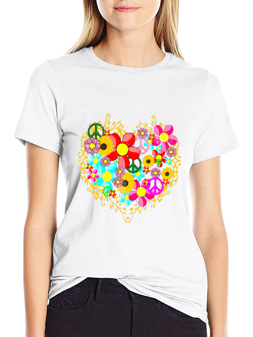 Floral Heart Peace Sign Graphic T-Shirt