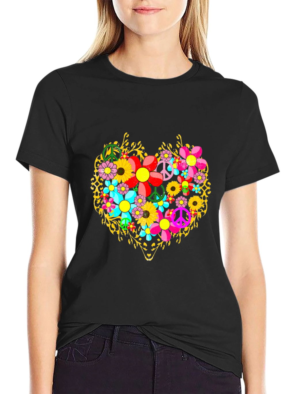 Floral Heart Peace Sign Graphic T-Shirt