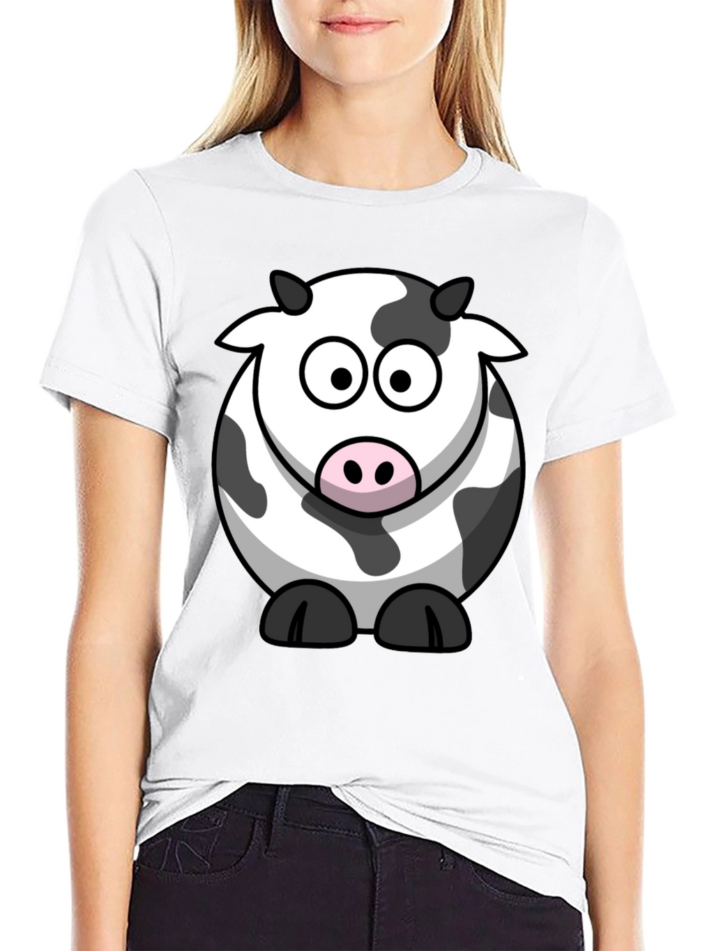 Cartoon Cow Graphic Tee - Black Cotton T-Shirt