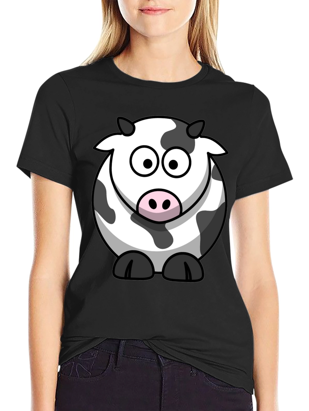 Cartoon Cow Graphic Tee - Black Cotton T-Shirt