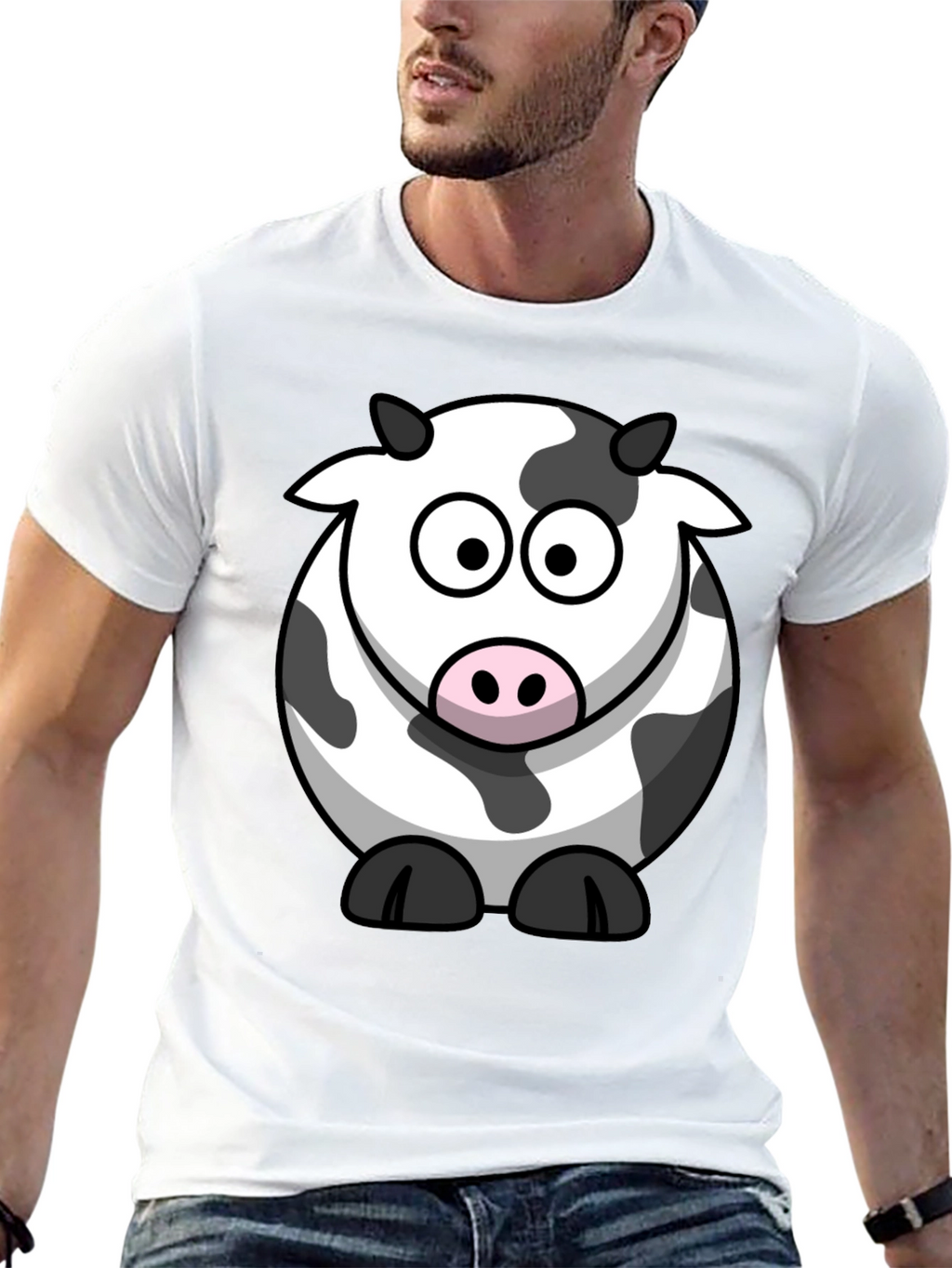 Cartoon Cow Graphic Tee - Black Cotton T-Shirt