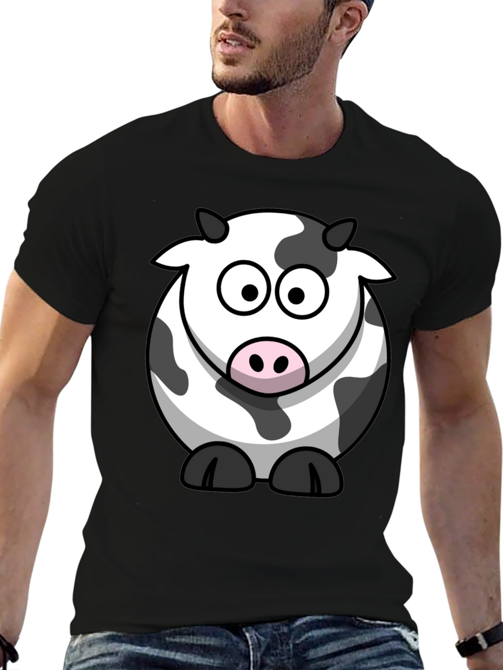 Cartoon Cow Graphic Tee - Black Cotton T-Shirt