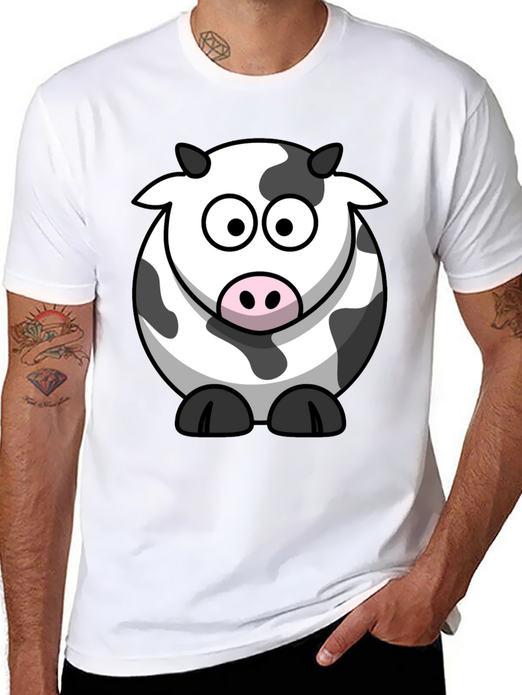 Cartoon Cow Graphic Tee - Black Cotton T-Shirt