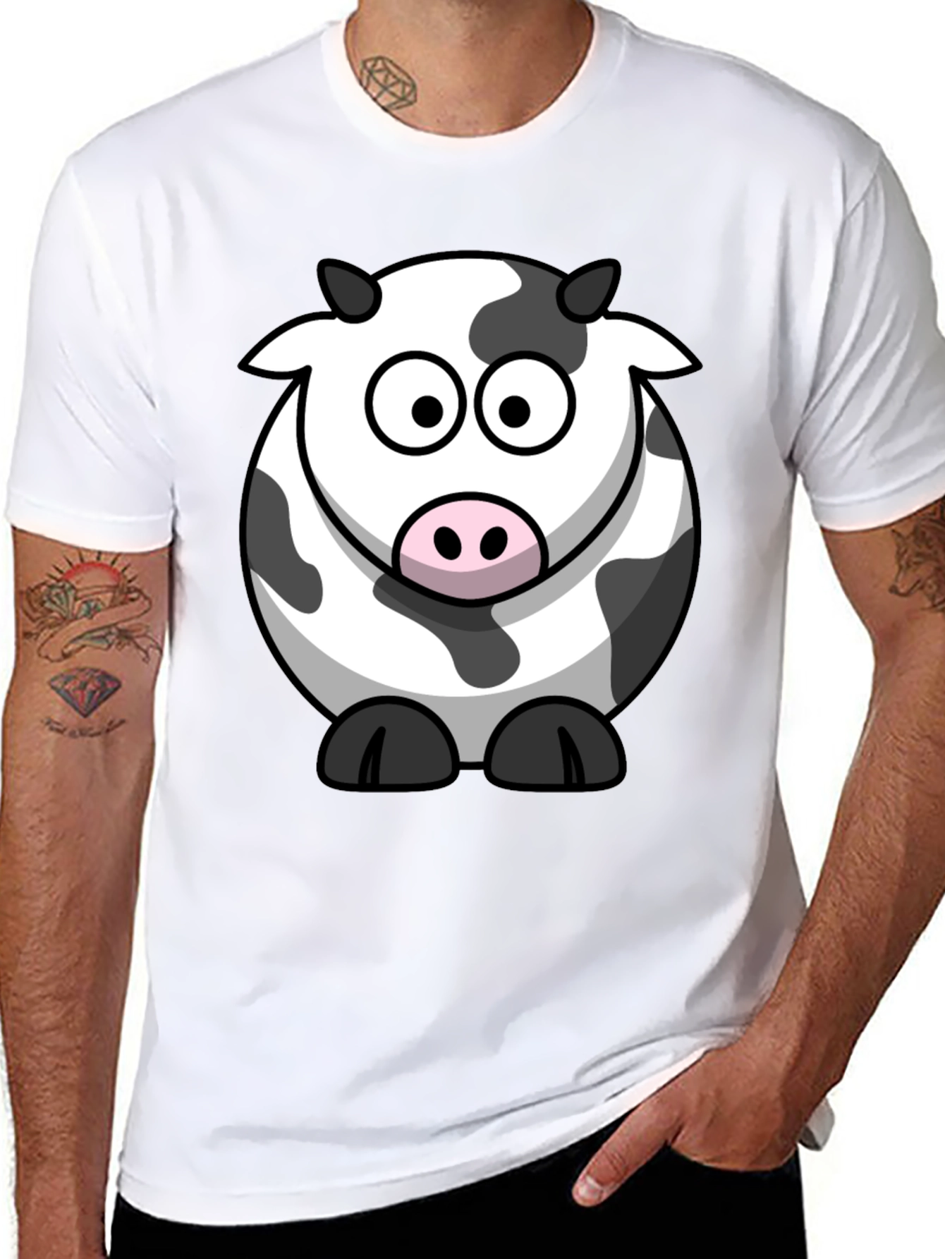 Cartoon Cow Graphic Tee - Black Cotton T-Shirt