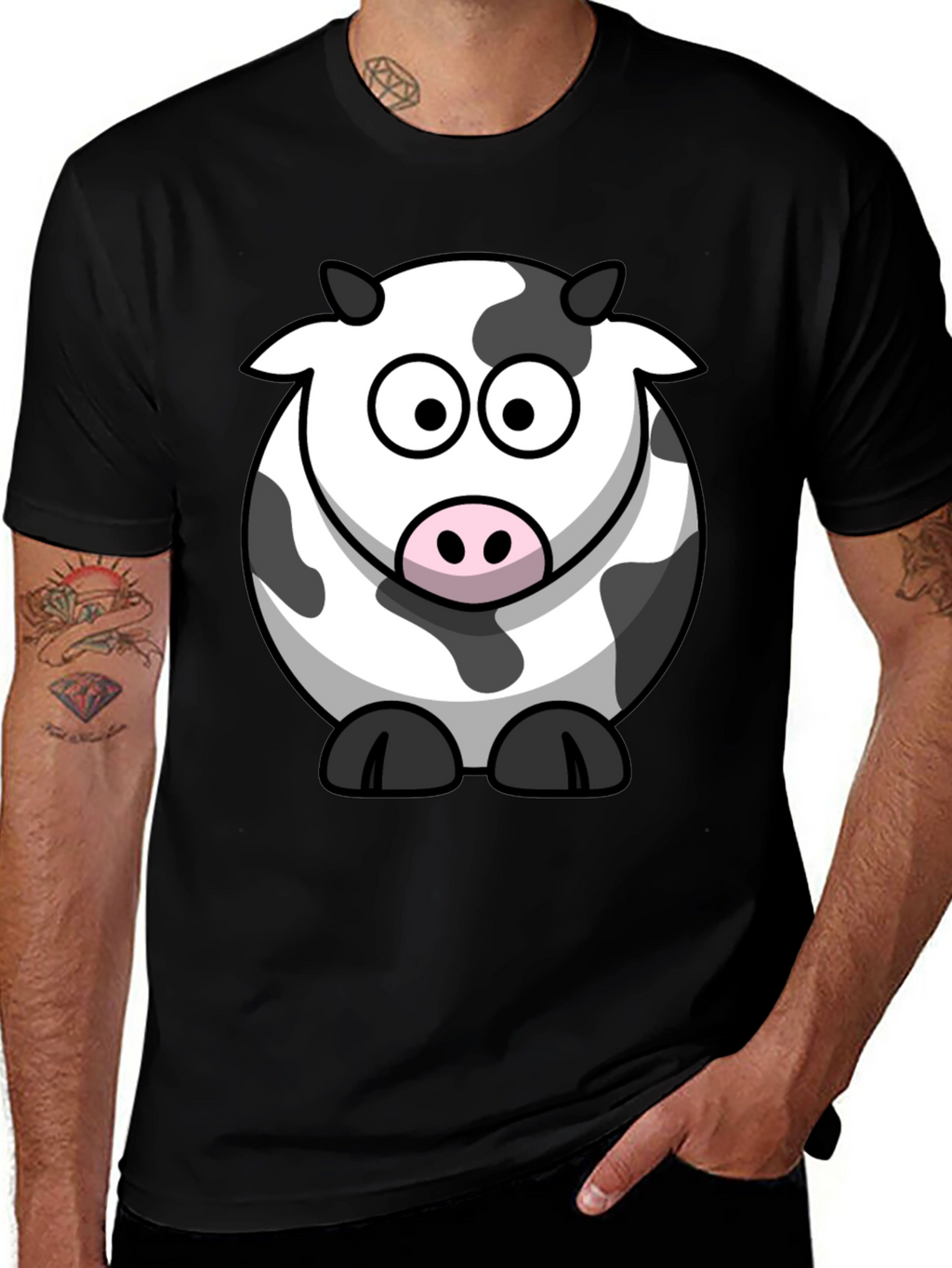 Cartoon Cow Graphic Tee - Black Cotton T-Shirt