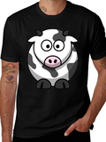 Cartoon Cow Graphic Tee - Black Cotton T-Shirt
