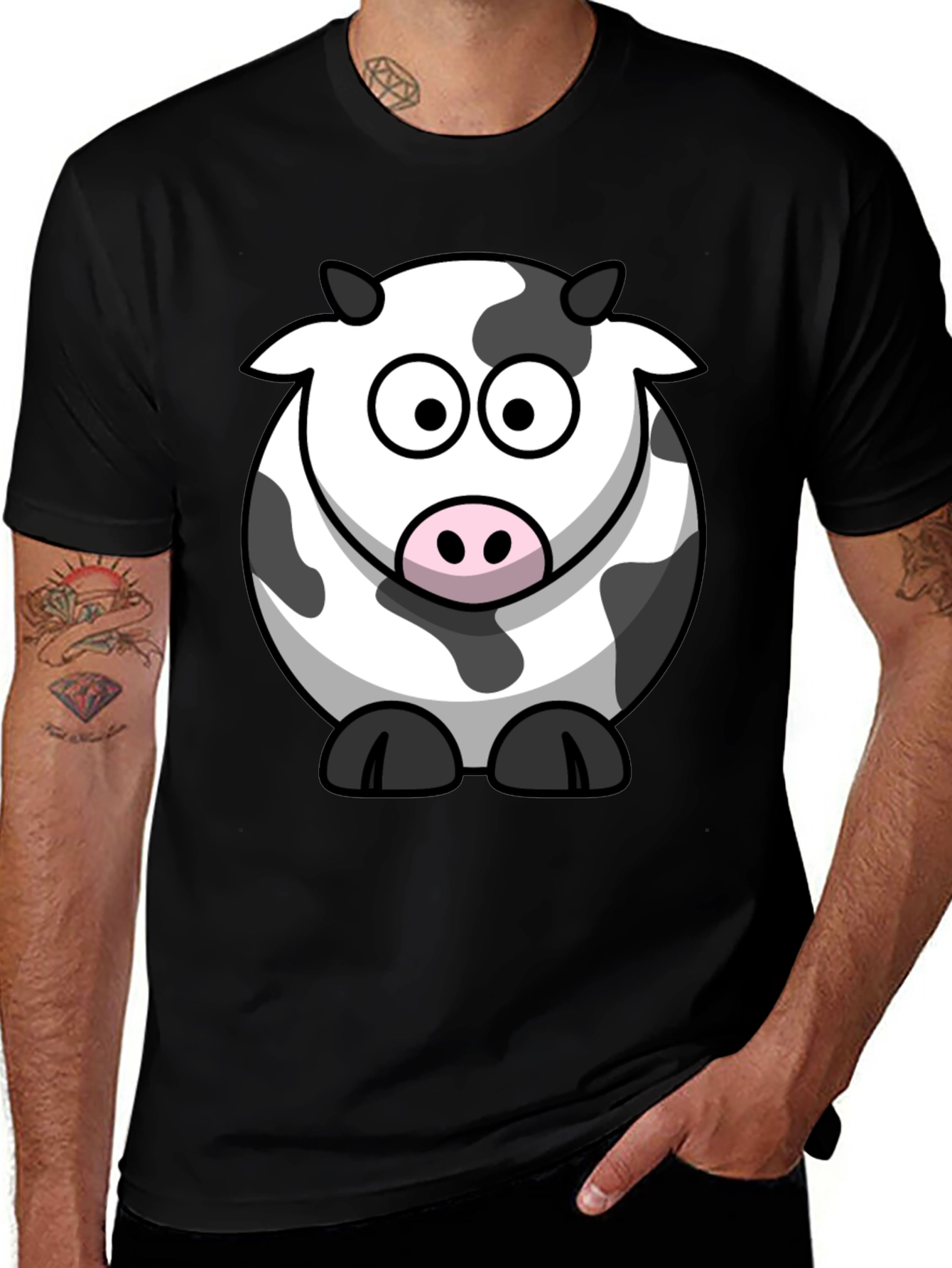 Cartoon Cow Graphic Tee - Black Cotton T-Shirt