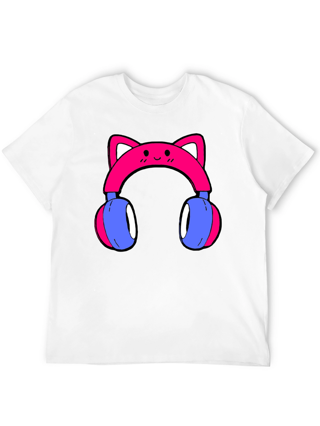 Cute Cat Ear Headphones Graphic Tee - Black