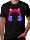 Cute Cat Ear Headphones Graphic Tee - Black