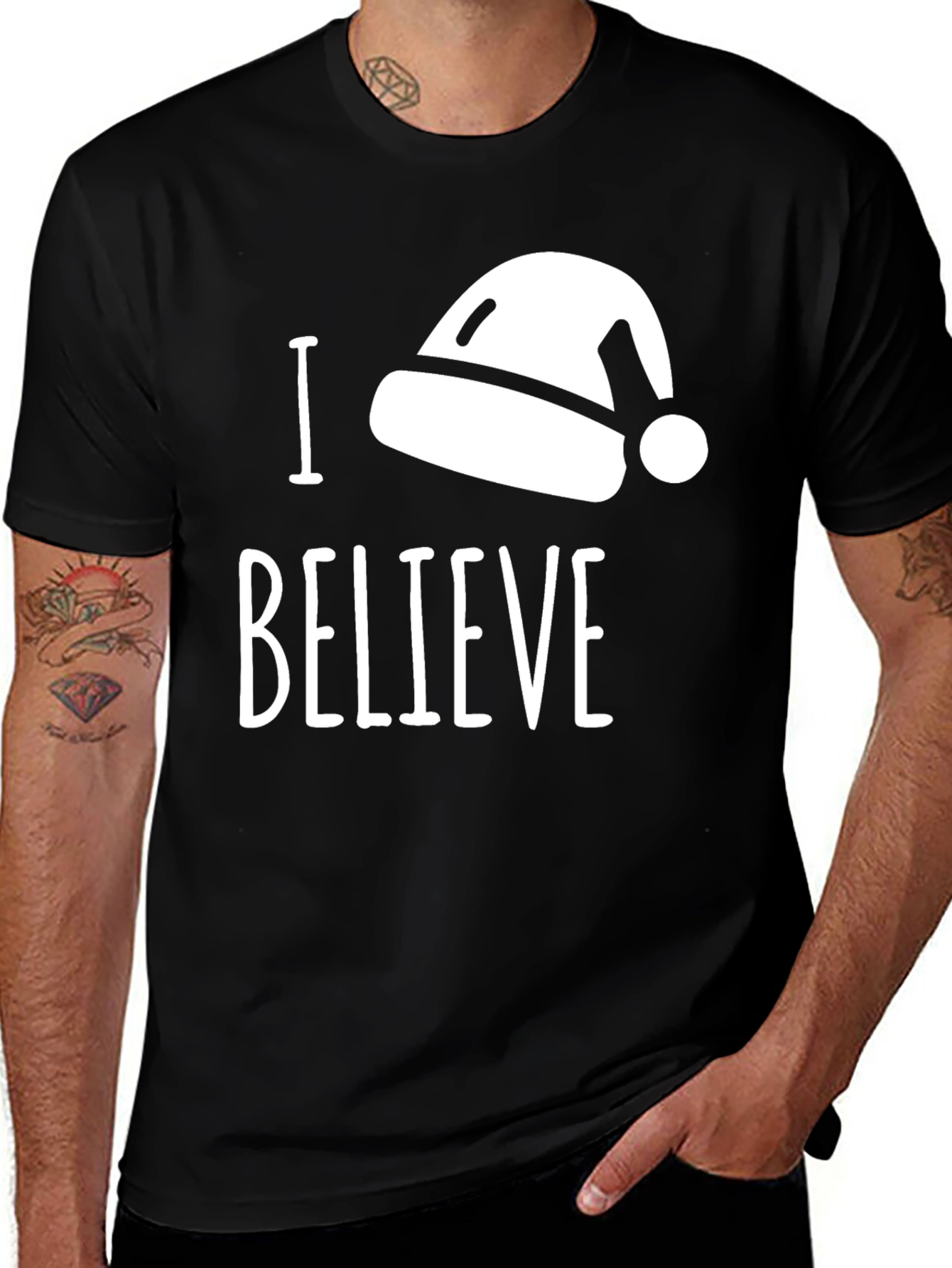 I Believe Santa Hat T-Shirt Black Cotton