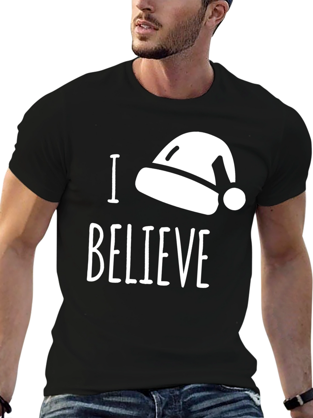 I Believe Santa Hat T-Shirt Black Cotton