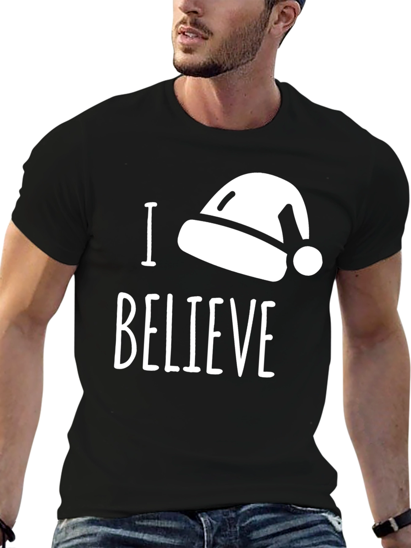 I Believe Santa Hat T-Shirt Black Cotton