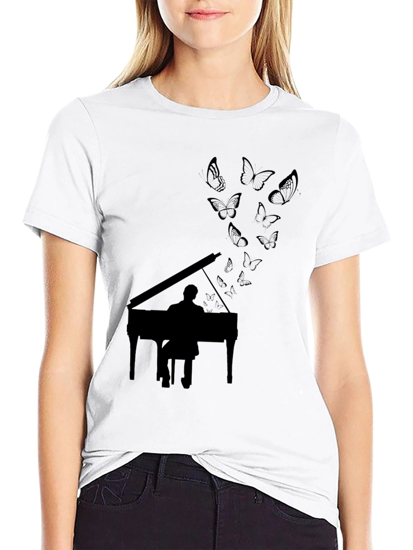 Piano & Butterfly Graphic Tee - Black
