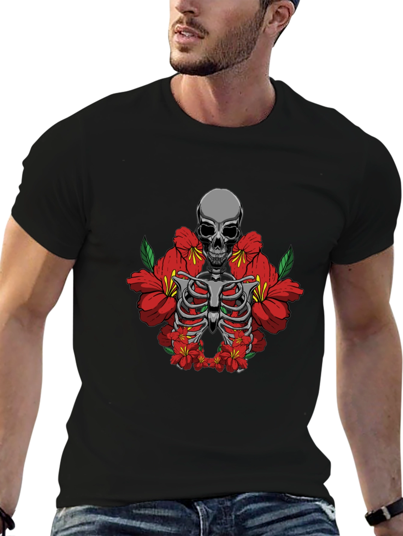 Skull & Flowers Graphic Tee - Black