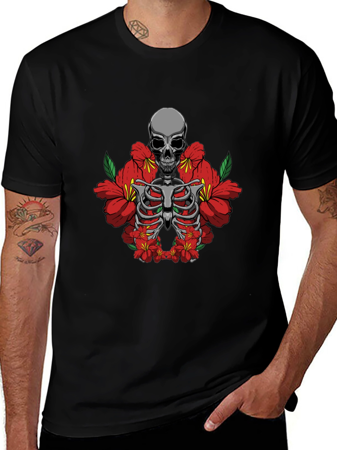Skull & Flowers Graphic Tee - Black