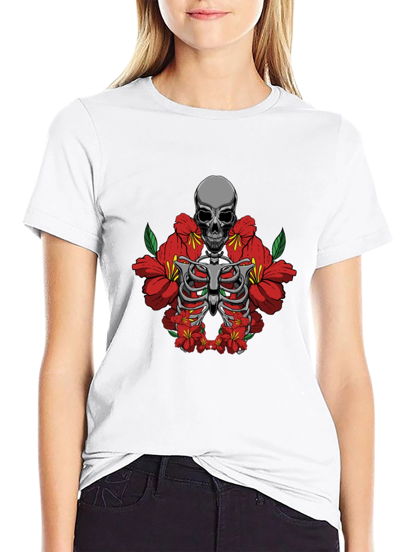 Skull & Flowers Graphic Tee - Black