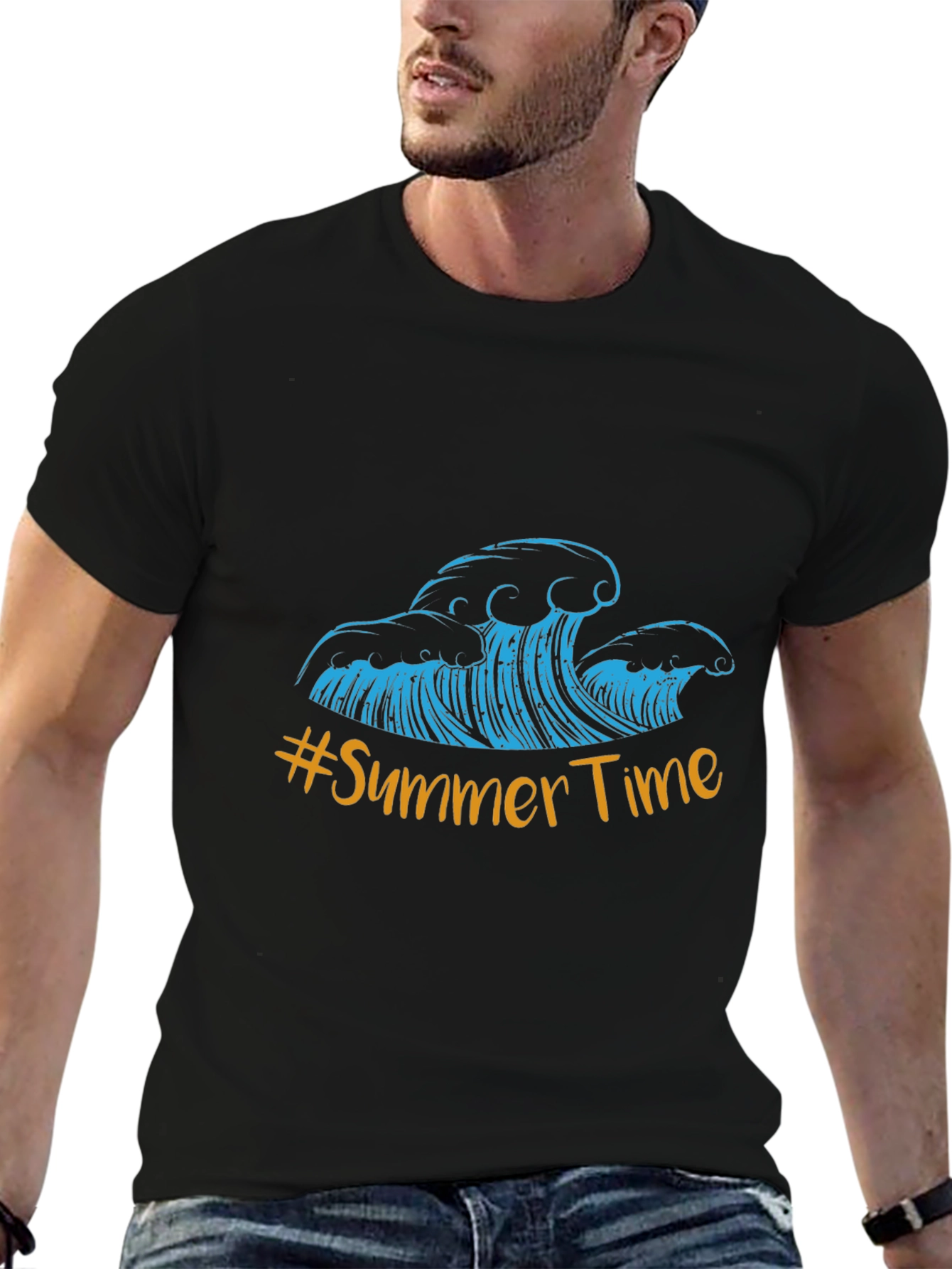 Summer Time Waves Graphic Tee - Black Cotton Blend
