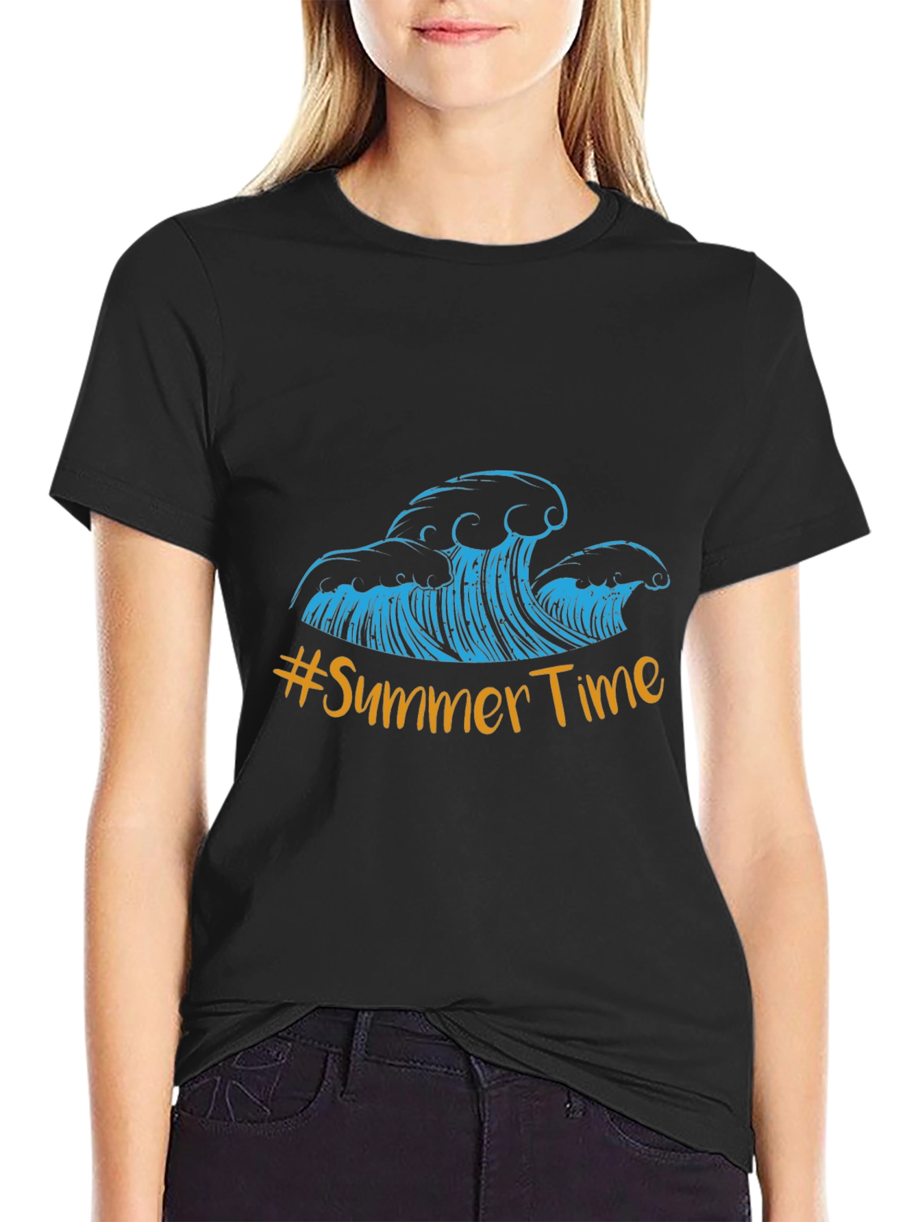 Summer Time Waves Graphic Tee - Black Cotton Blend