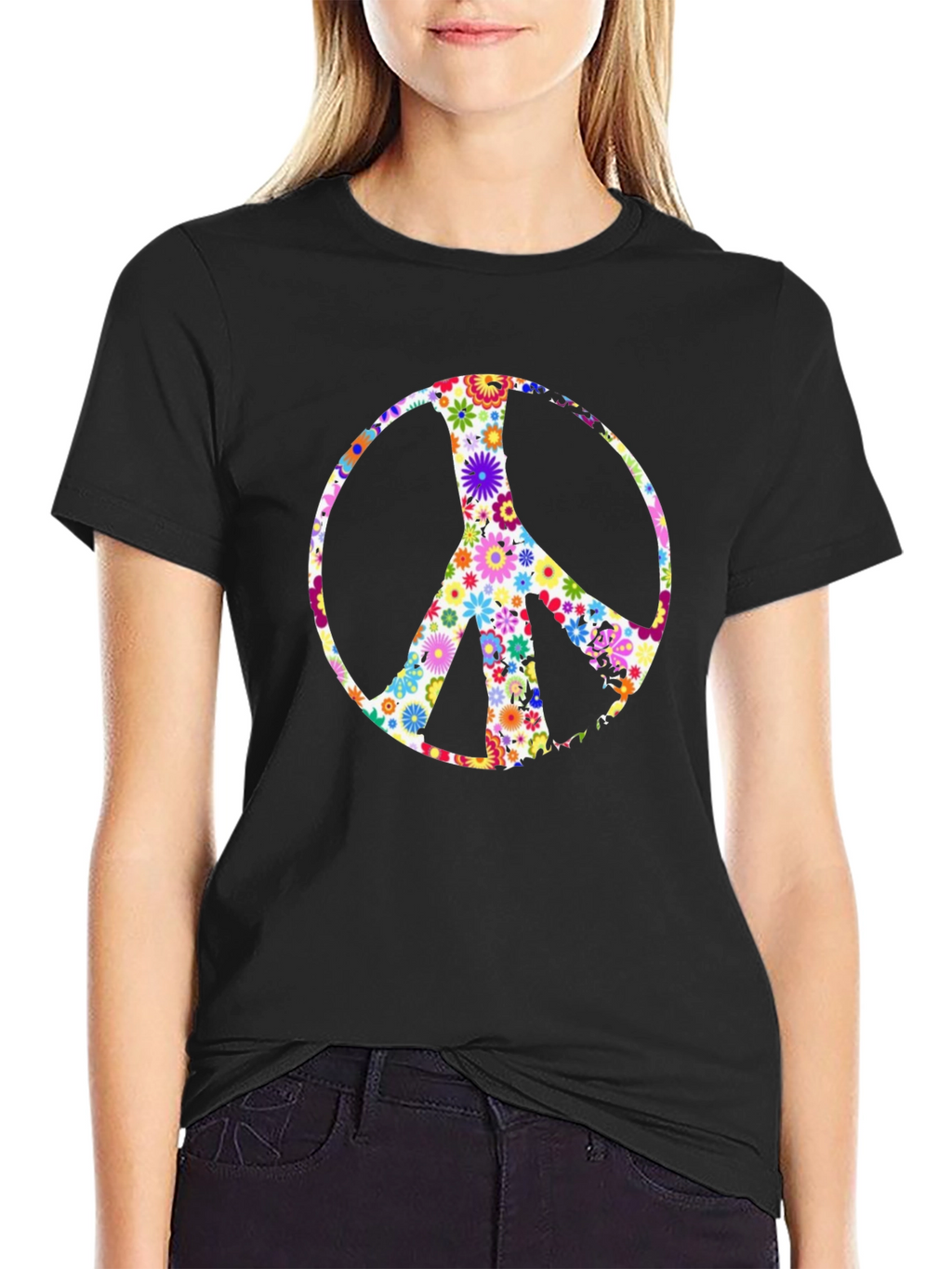 Floral Peace Sign Black T-Shirt