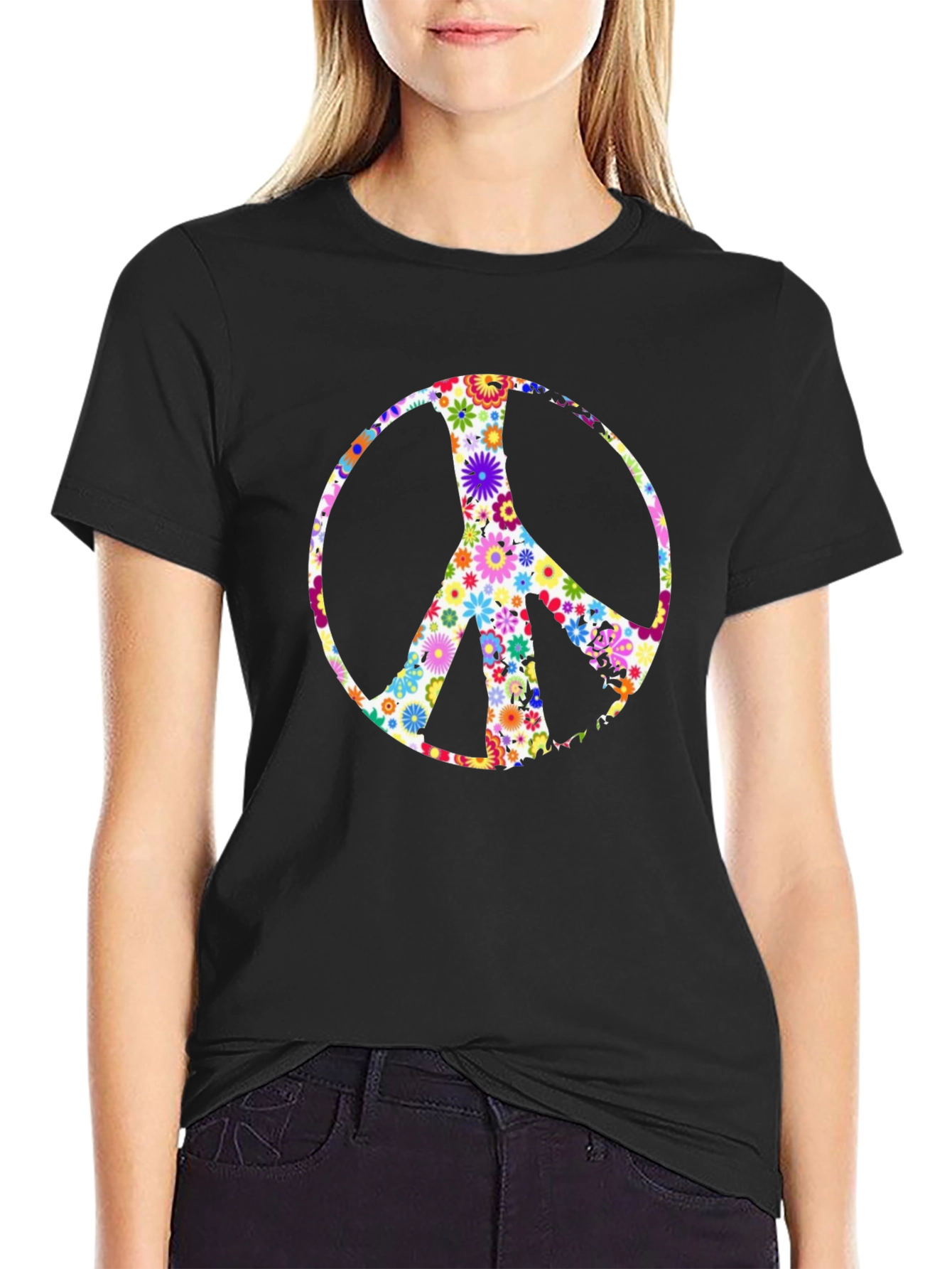 Floral Peace Sign Black T-Shirt