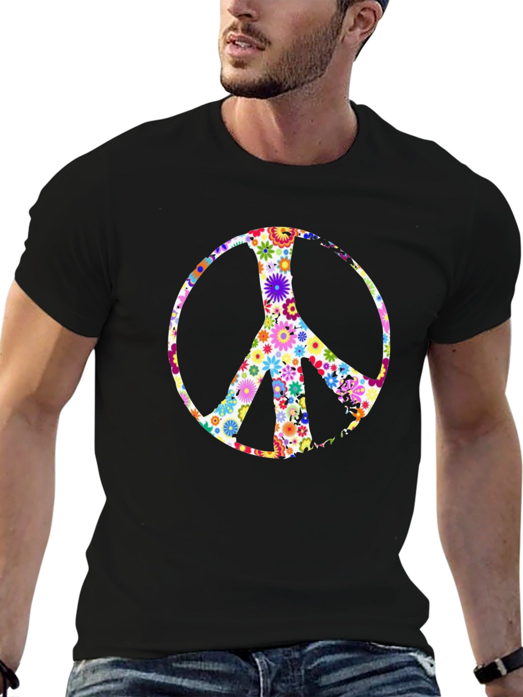 Floral Peace Sign Black T-Shirt