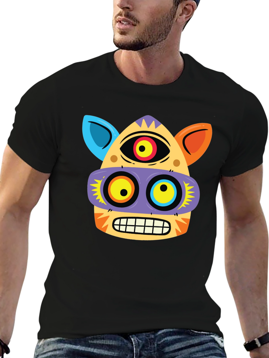Funky Face Graphic Tee - Black Cotton Blend