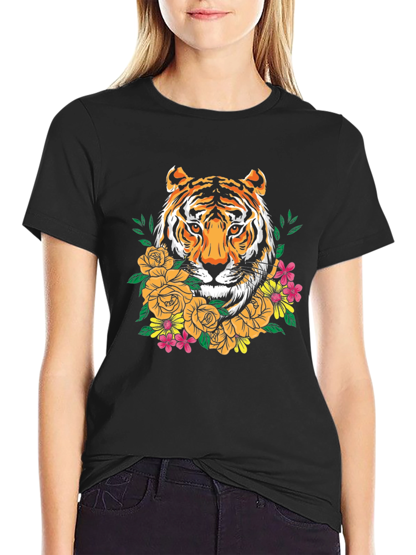 Tiger Floral Graphic Print Crew Neck T-Shirt
