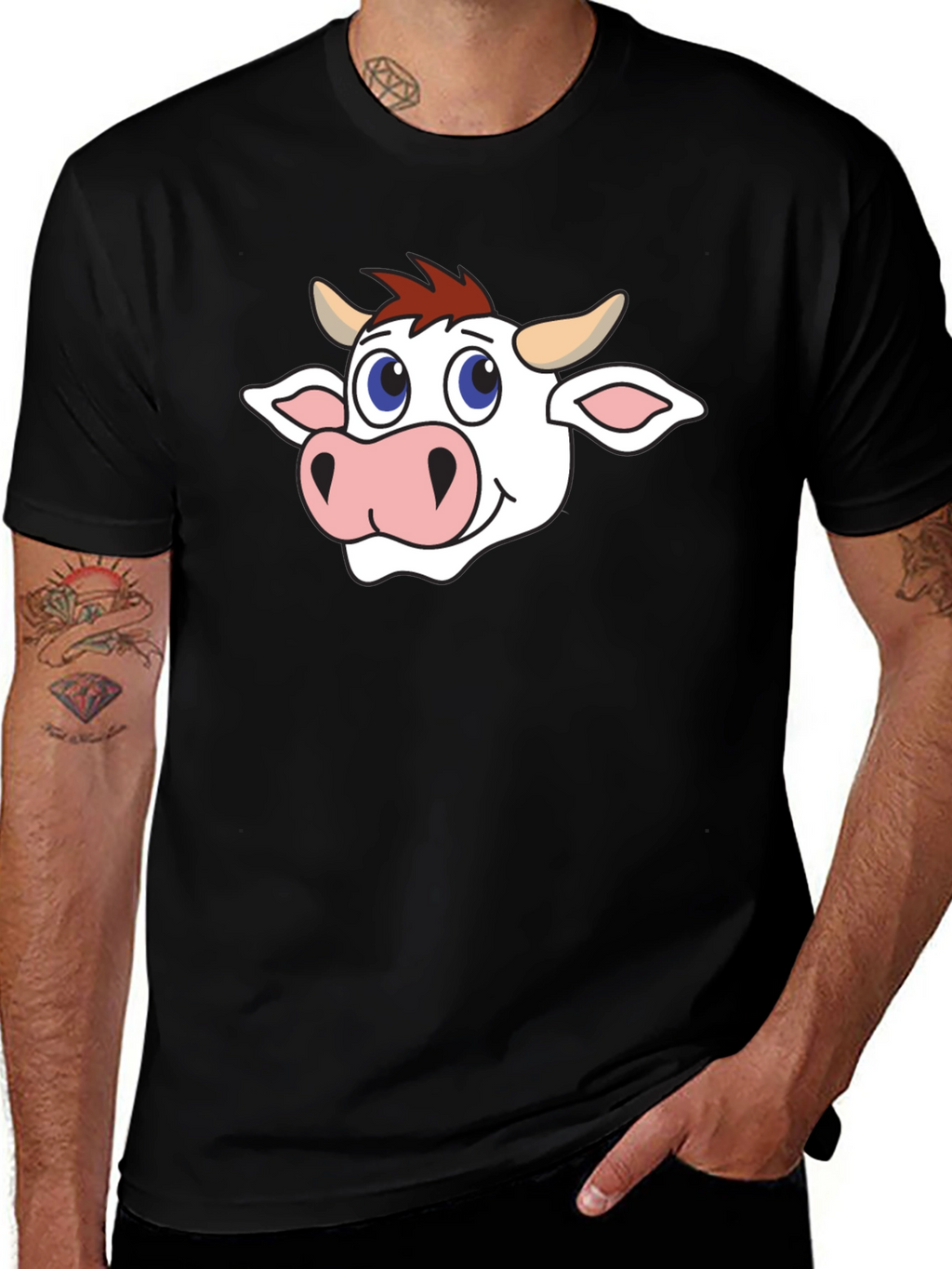 Cow Cartoon Graphic Black T-Shirt