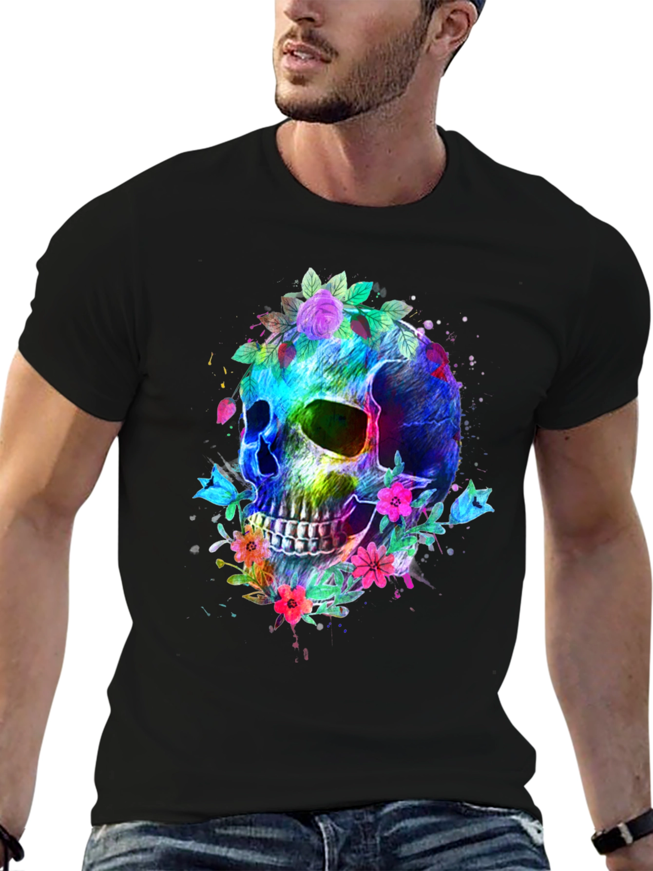 Floral Skull Graphic T-Shirt - Vibrant & Bold