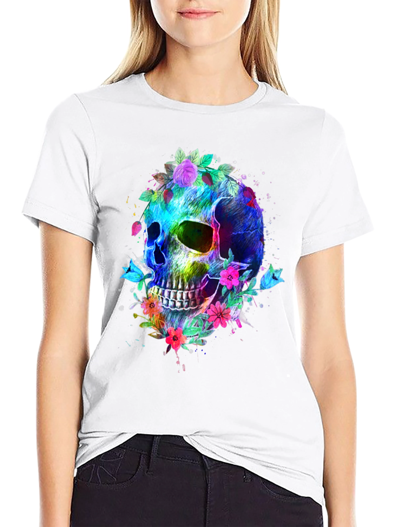 Floral Skull Graphic T-Shirt - Vibrant & Bold