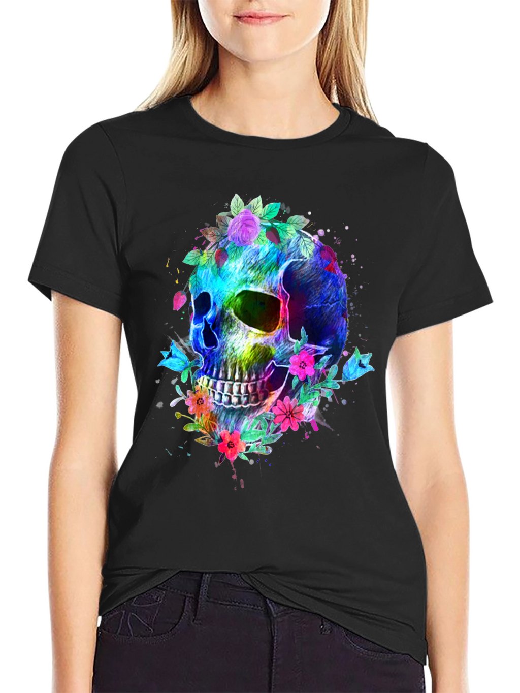 Floral Skull Graphic T-Shirt - Vibrant & Bold